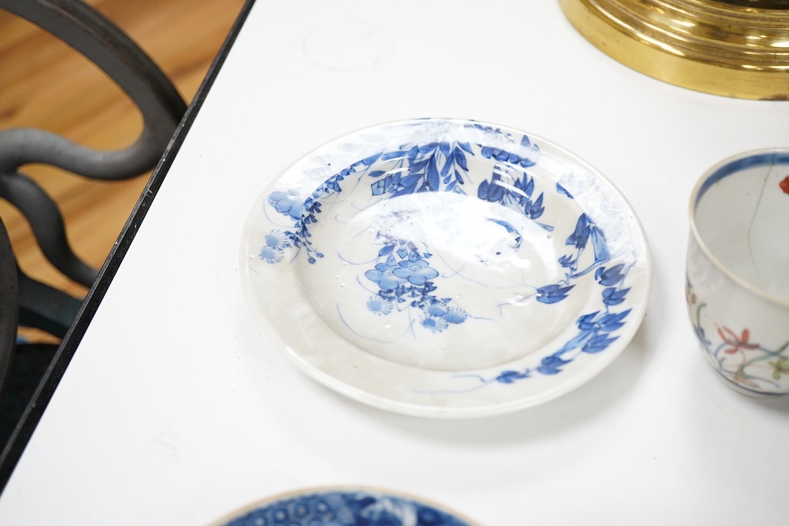 A group of 18th century Chinese export porcelain tea and coffee ware, including Mandarin pattern teapot and cover, two coffee cups and saucers, a blue and white teapot and cover various famille rose coffee cups, etc.